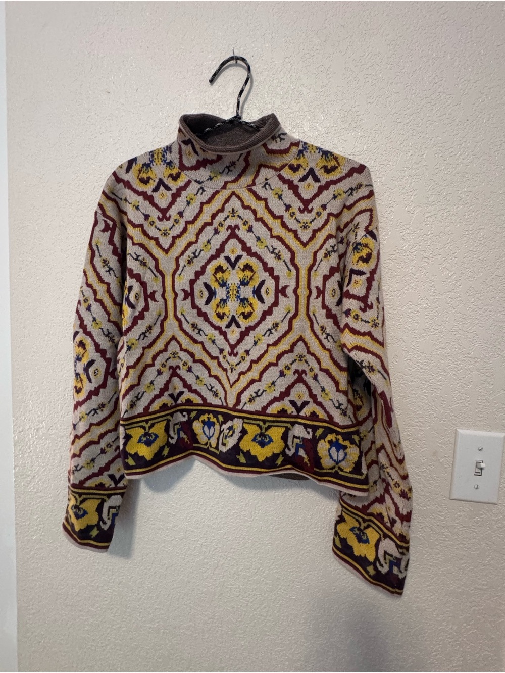 Anthropologie Cropped Patterned Turtleneck Sweater in Beige, Yellow & Burgundy